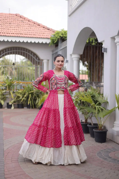 Pink Lehriya Print Kurti Lehenga With Kutchi Patchwork For Navratri