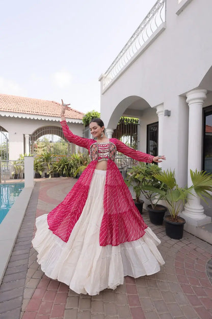Pink Lehriya Print Kurti Lehenga With Kutchi Patchwork For Navratri