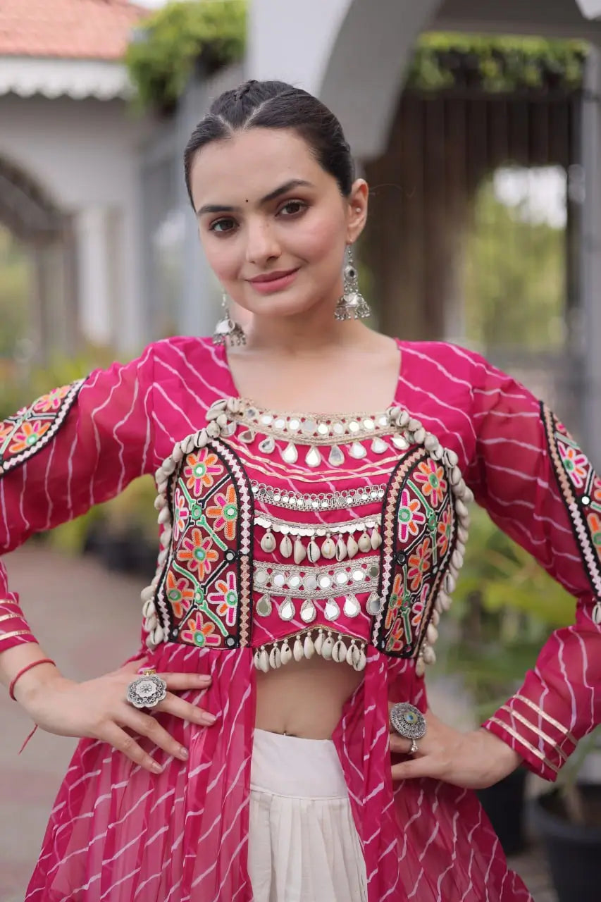 Pink Lehriya Print Kurti Lehenga With Kutchi Patchwork For Navratri