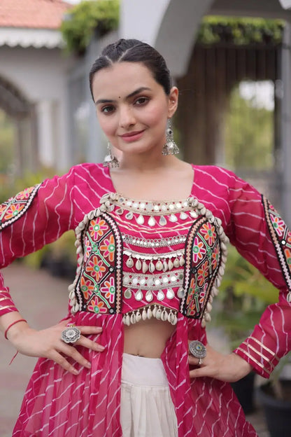 Pink Lehriya Print Kurti Lehenga With Kutchi Patchwork For Navratri