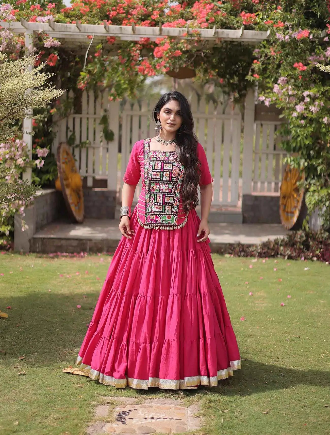 Pink Gamthi Work Navaratri Lehenga Choli
