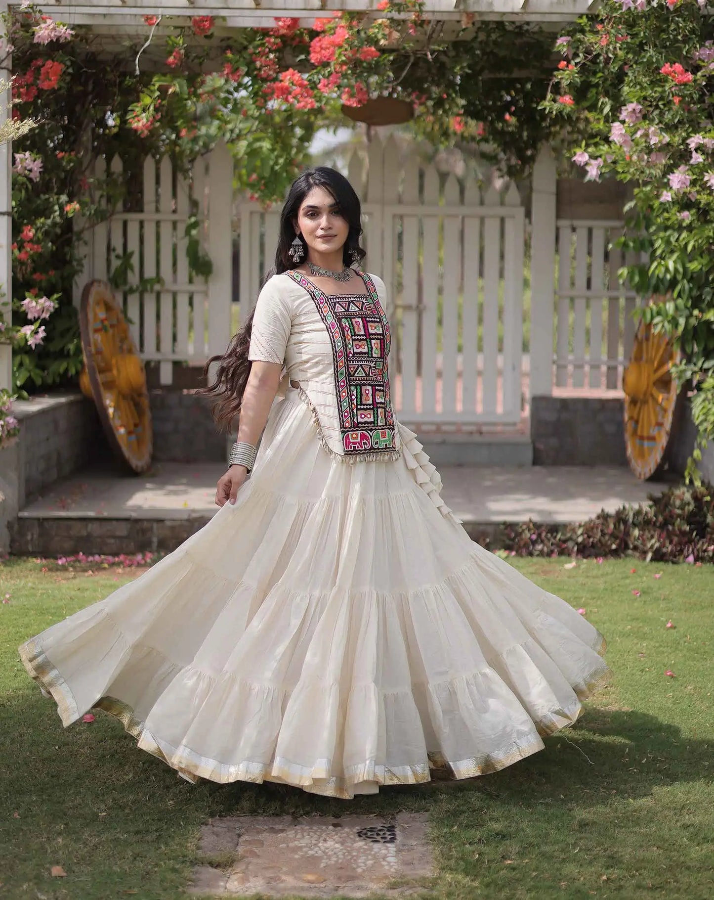 White Gamthi Work Navaratri Lehenga Choli