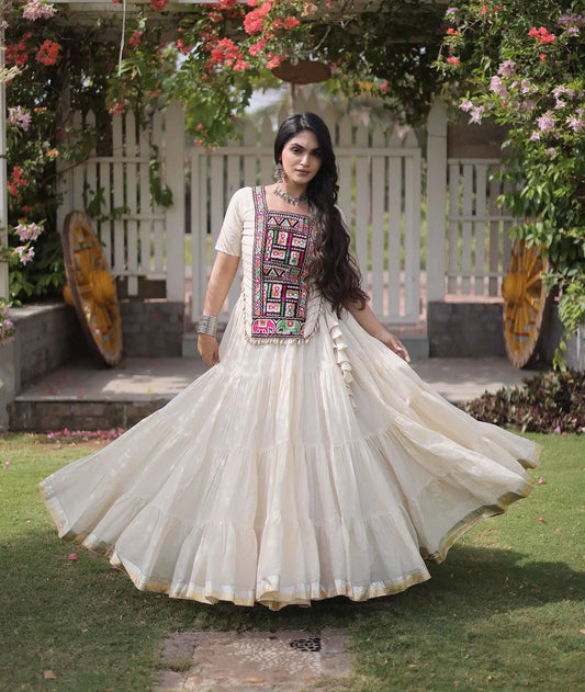White Gamthi Work Navaratri Lehenga Choli
