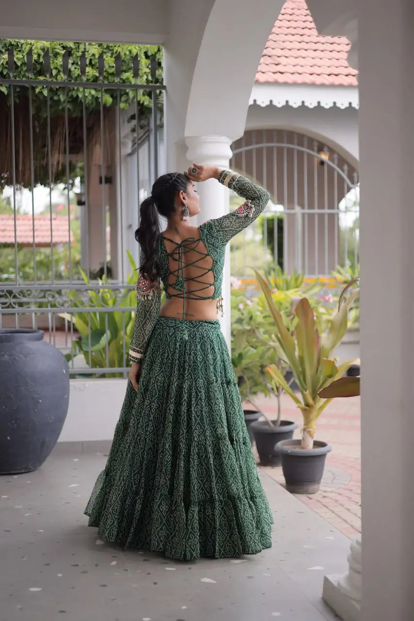 Green Bandhni Print Lehenga & Blouse with Kutchi Patchwork For Navratri