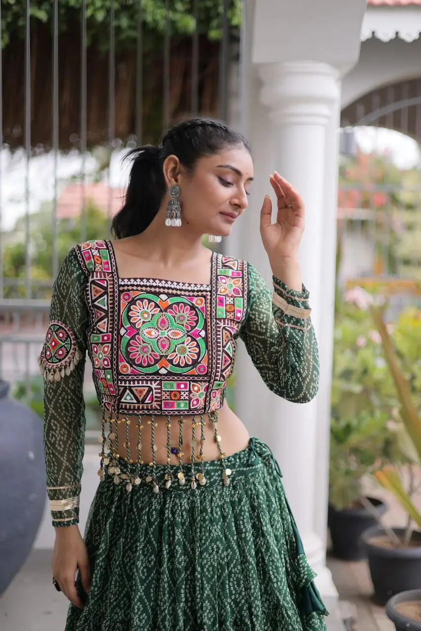 Green Bandhni Print Lehenga & Blouse with Kutchi Patchwork For Navratri
