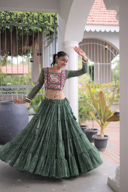 Green Bandhni Print Lehenga & Blouse with Kutchi Patchwork For Navratri