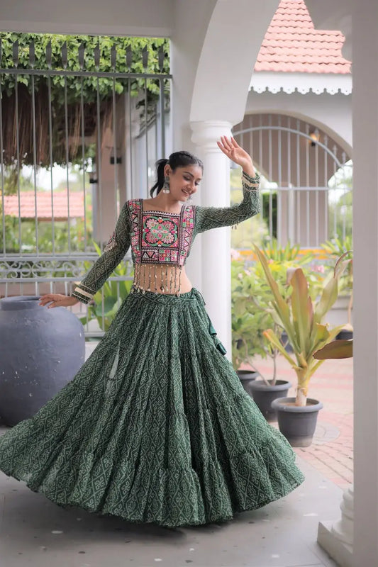 Green Bandhni Print Lehenga & Blouse with Kutchi Patchwork For Navratri