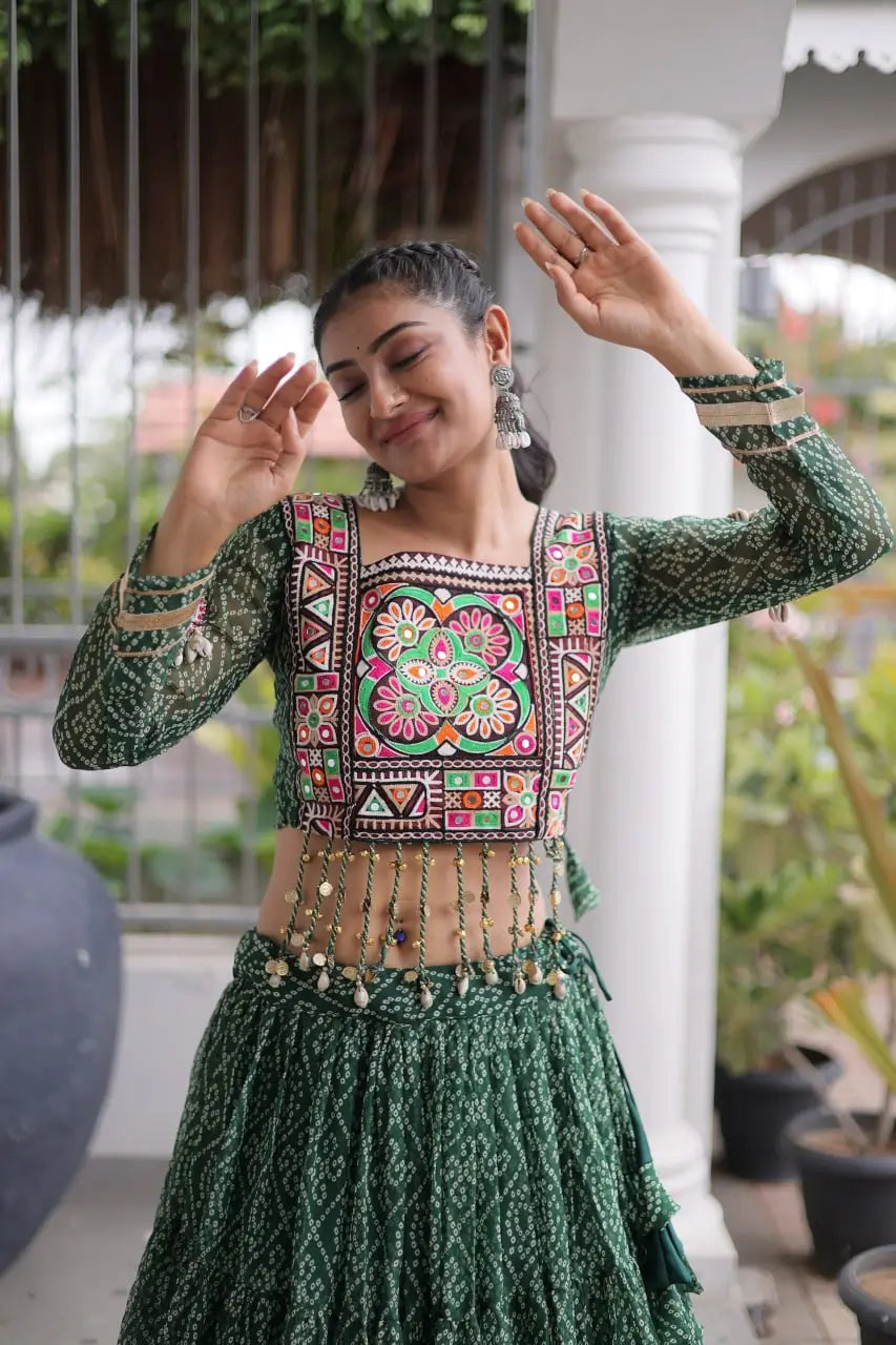 Green Bandhni Print Lehenga & Blouse with Kutchi Patchwork For Navratri