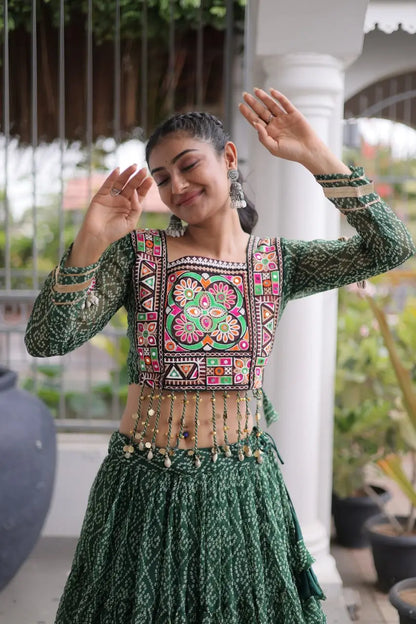 Green Bandhni Print Lehenga & Blouse with Kutchi Patchwork For Navratri