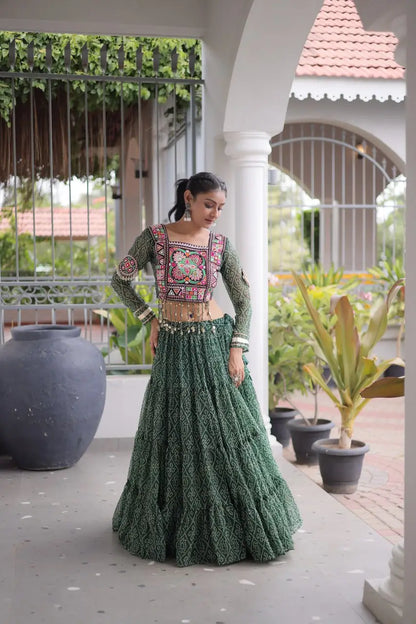 Green Bandhni Print Lehenga & Blouse with Kutchi Patchwork For Navratri
