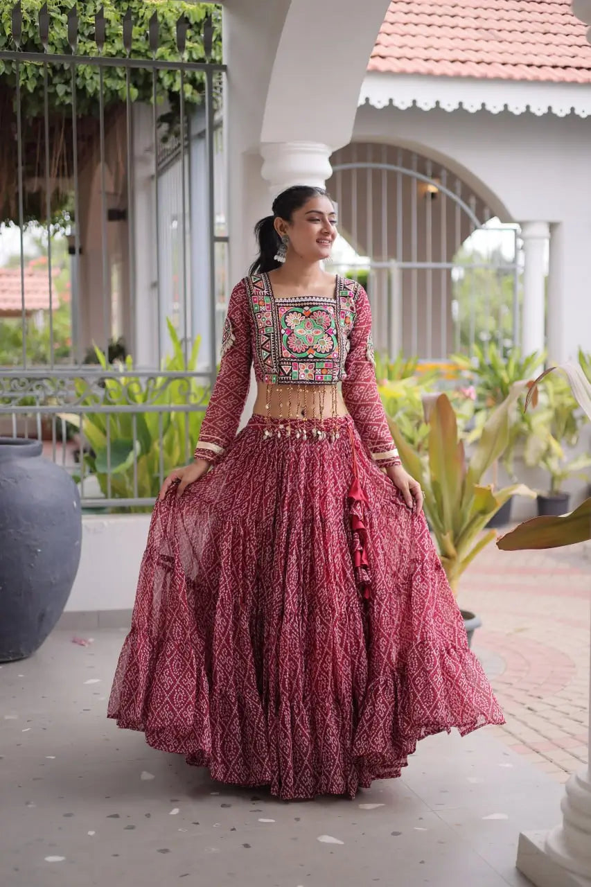 Maroon Bandhni Print Lehenga & Blouse with Kutchi Patchwork For Navratri