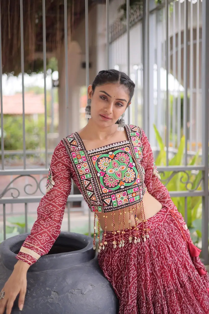 Maroon Bandhni Print Lehenga & Blouse with Kutchi Patchwork For Navratri