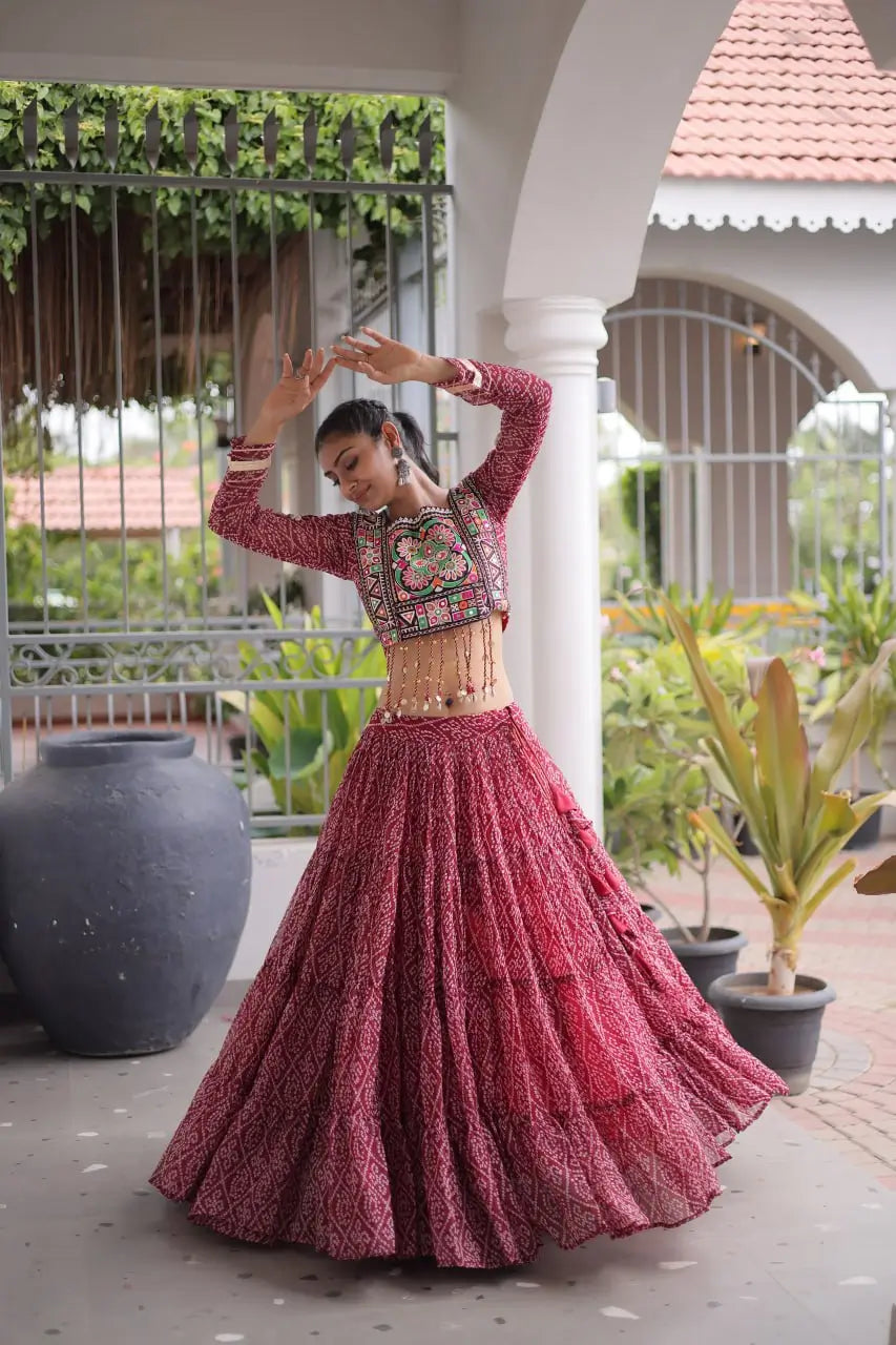 Maroon Bandhni Print Lehenga & Blouse with Kutchi Patchwork For Navratri
