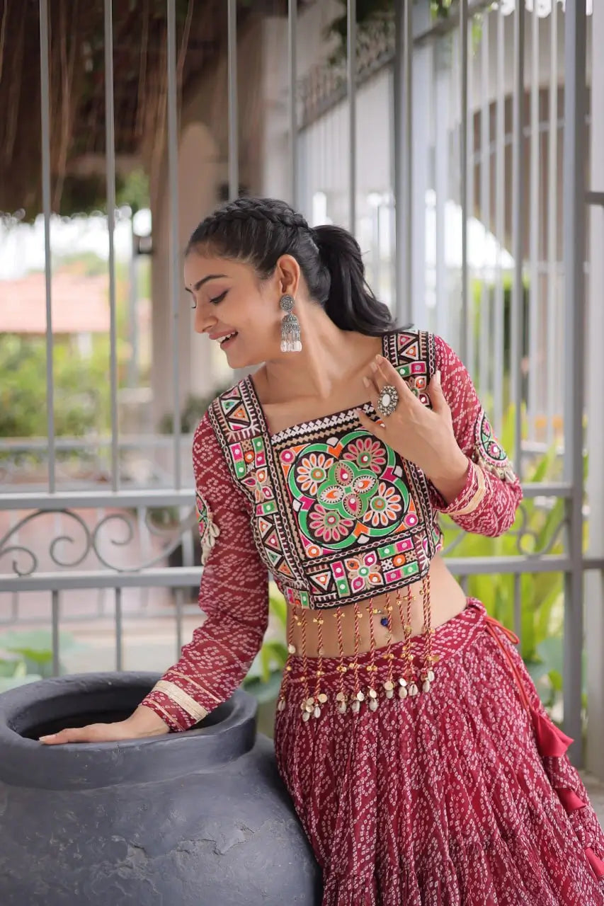 Maroon Bandhni Print Lehenga & Blouse with Kutchi Patchwork For Navratri
