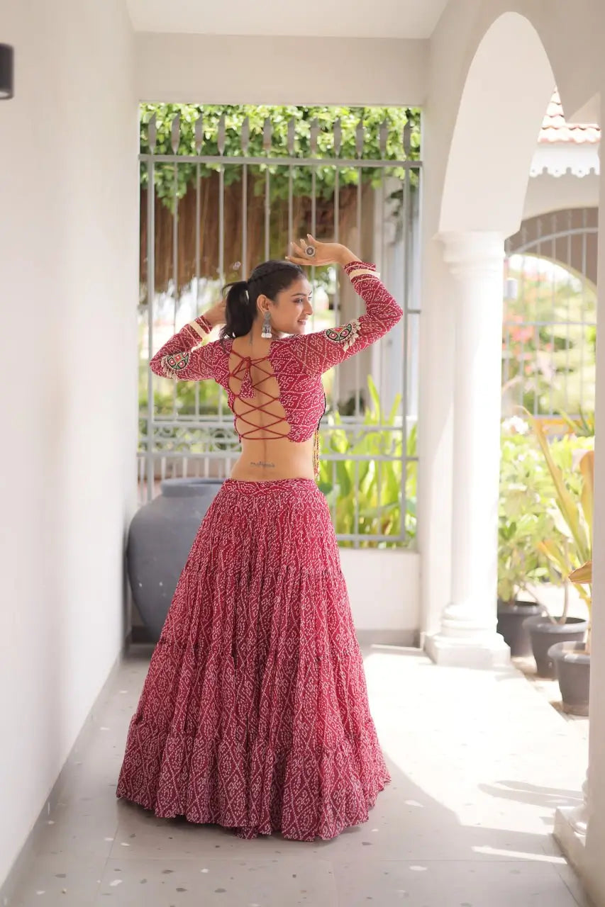 Maroon Bandhni Print Lehenga & Blouse with Kutchi Patchwork For Navratri
