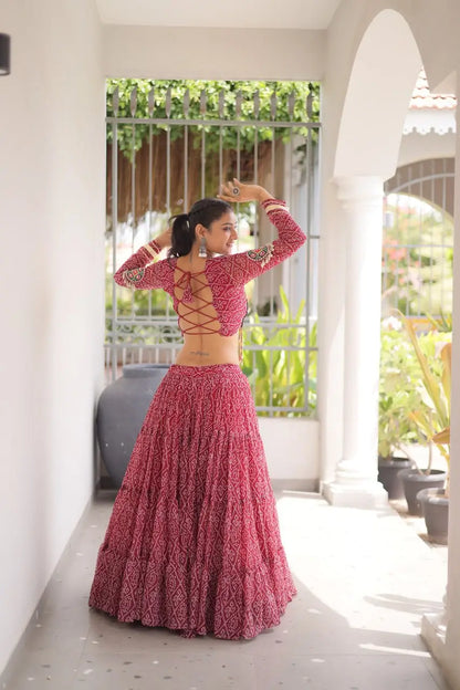 Maroon Bandhni Print Lehenga & Blouse with Kutchi Patchwork For Navratri