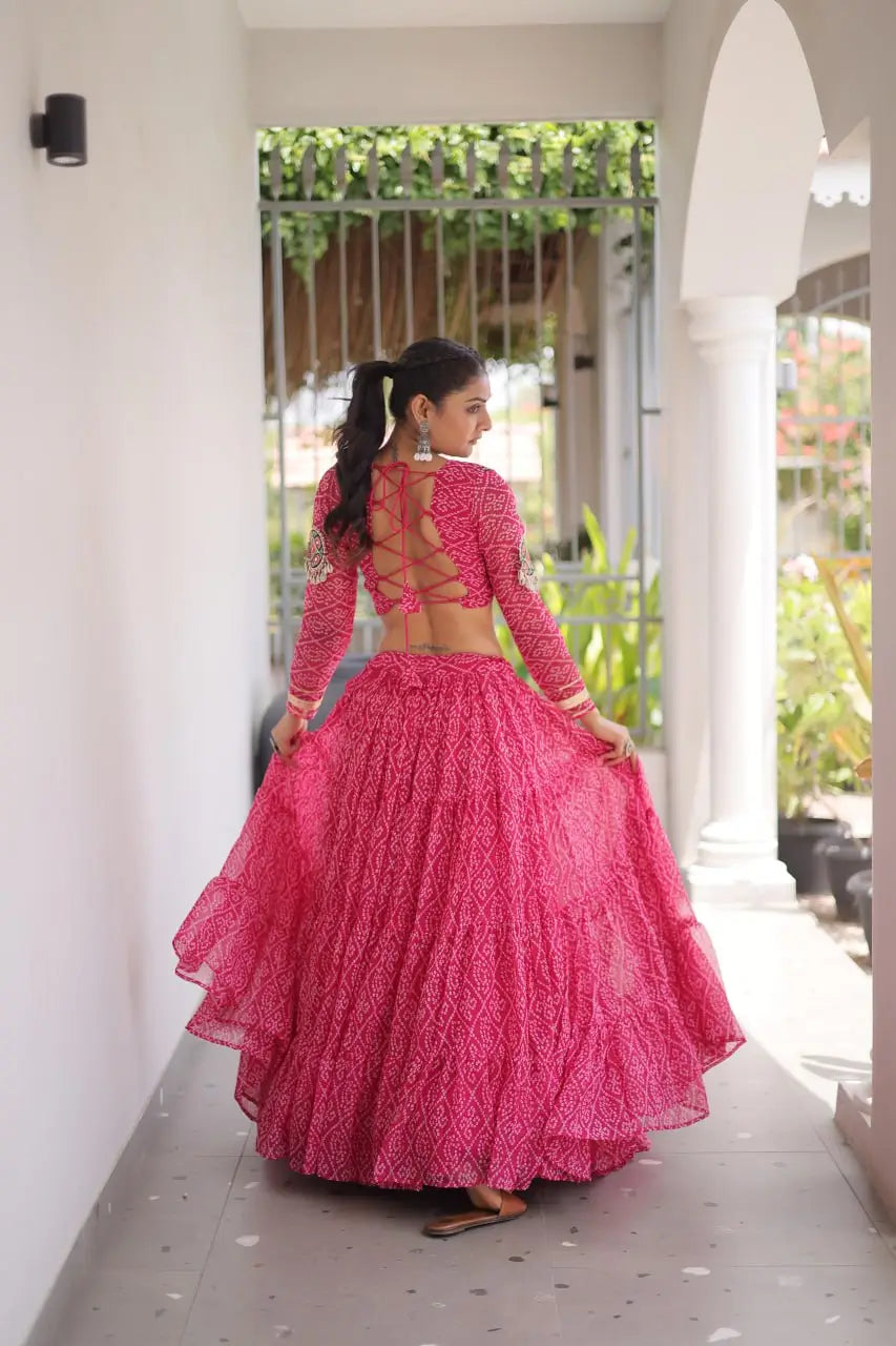 Pink Bandhni Print Lehenga & Blouse with Kutchi Patchwork For Navratri