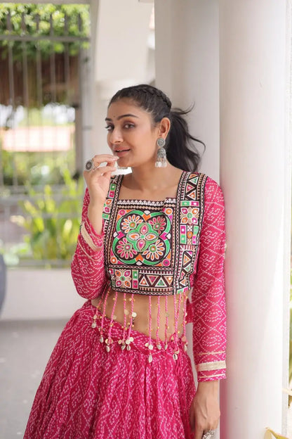 Pink Bandhni Print Lehenga & Blouse with Kutchi Patchwork For Navratri