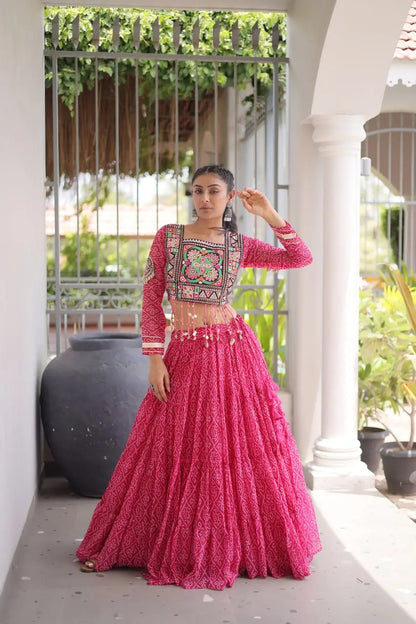 Pink Bandhni Print Lehenga & Blouse with Kutchi Patchwork For Navratri