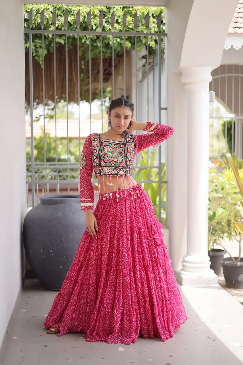 Pink Bandhni Print Lehenga & Blouse with Kutchi Patchwork For Navratri