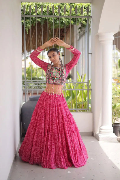 Pink Bandhni Print Lehenga & Blouse with Kutchi Patchwork For Navratri