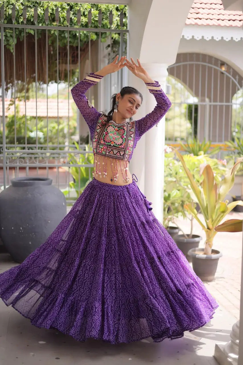 Purple Bandhni Print Lehenga & Blouse with Kutchi Patchwork For Navratri