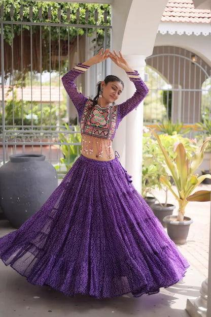 Purple Bandhni Print Lehenga & Blouse with Kutchi Patchwork For Navratri