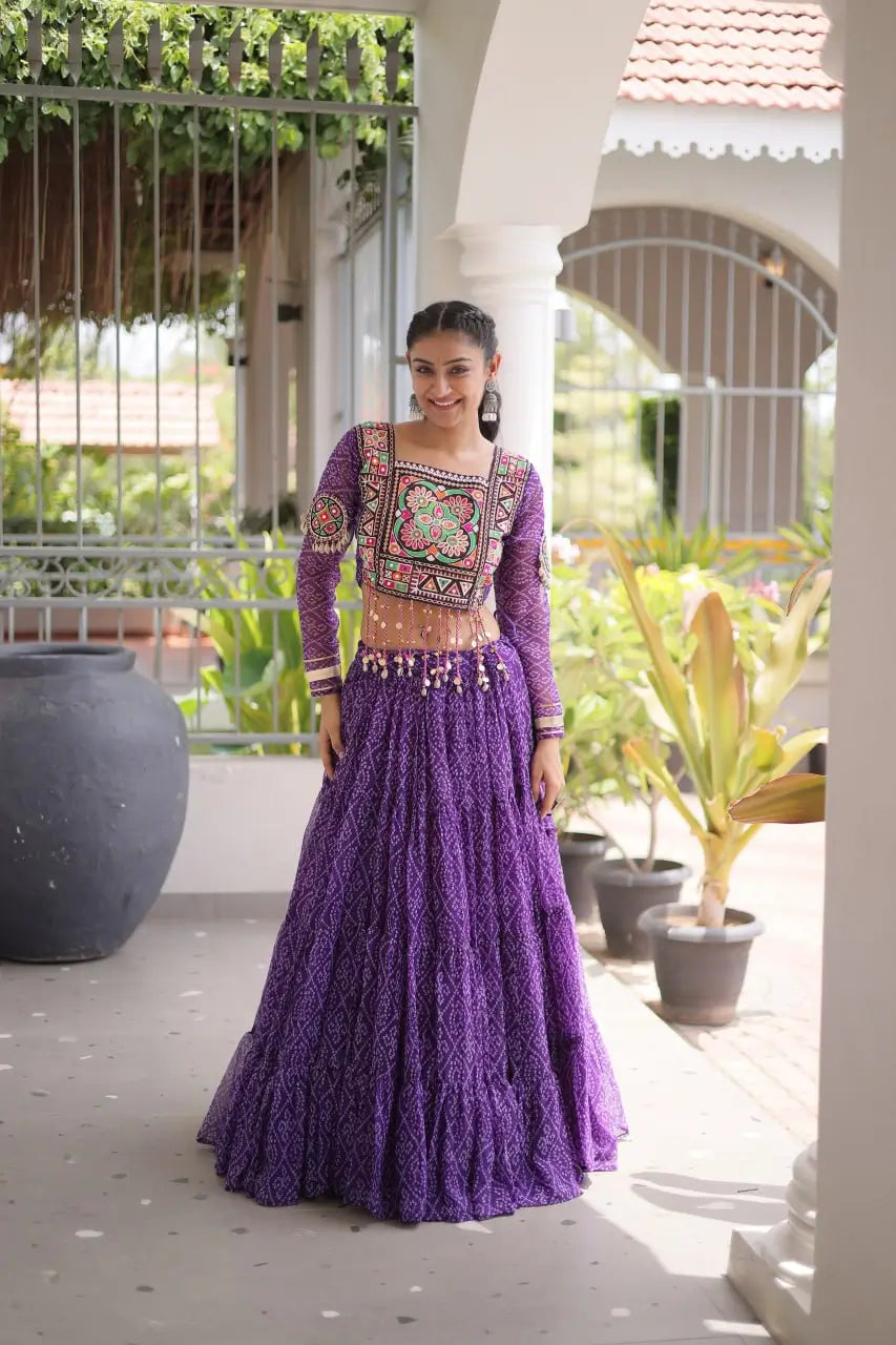 Purple Bandhni Print Lehenga & Blouse with Kutchi Patchwork For Navratri