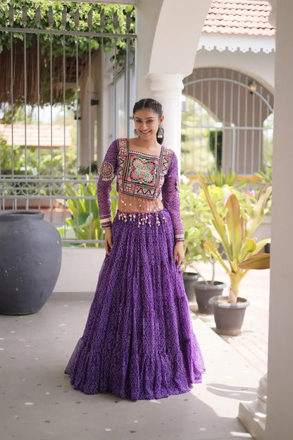 Purple Bandhni Print Lehenga & Blouse with Kutchi Patchwork For Navratri