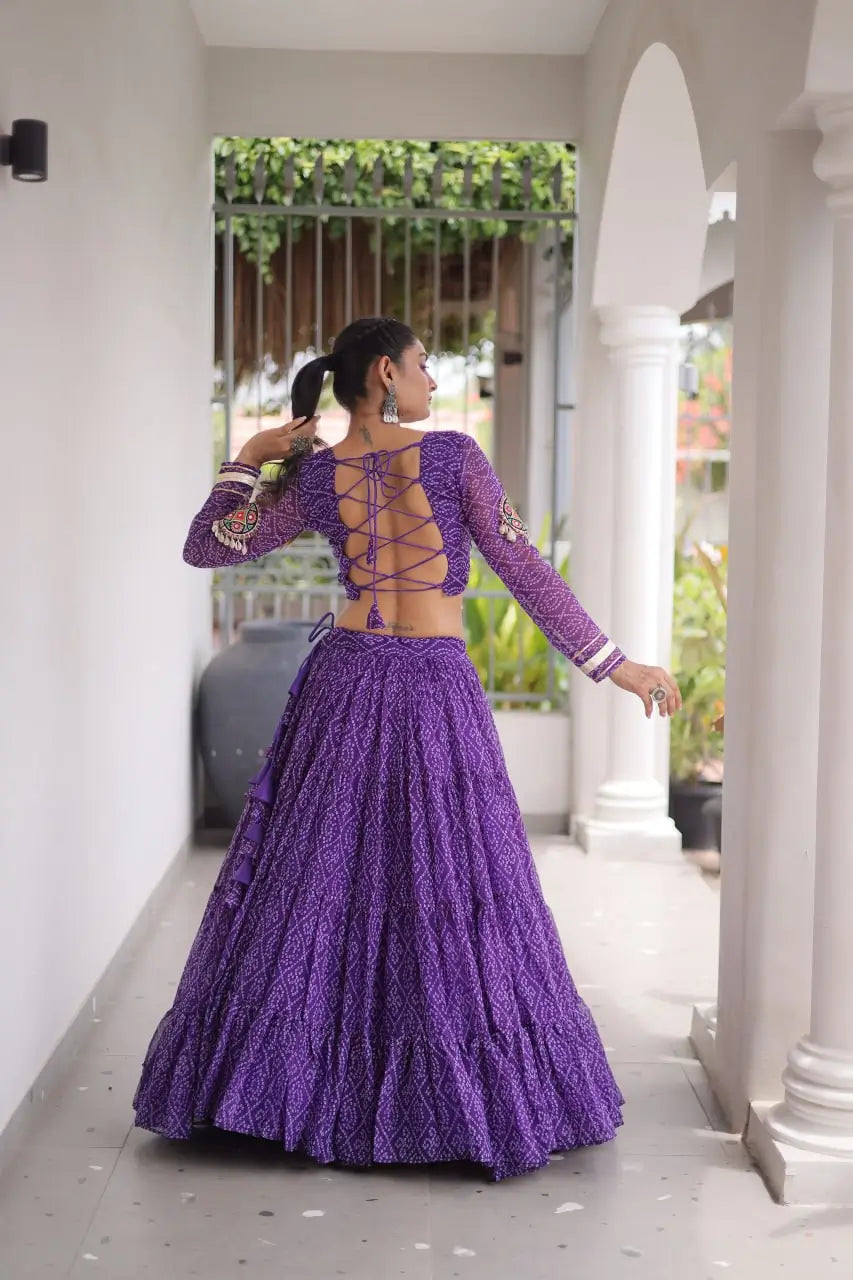 Purple Bandhni Print Lehenga & Blouse with Kutchi Patchwork For Navratri