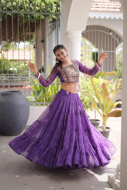 Purple Bandhni Print Lehenga & Blouse with Kutchi Patchwork For Navratri