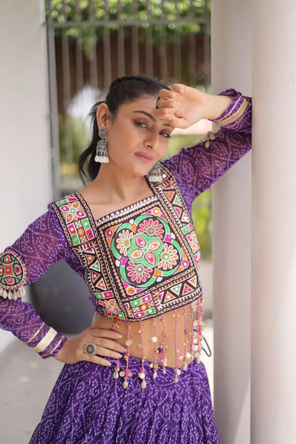 Purple Bandhni Print Lehenga & Blouse with Kutchi Patchwork For Navratri