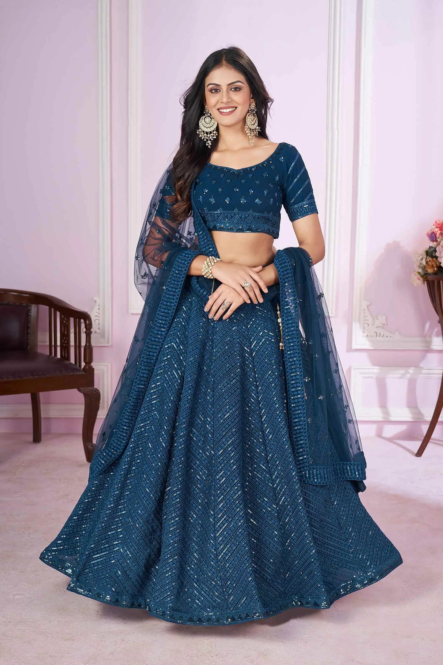 Blue georgette Lehenga With Sequins And Thread Embroidered Work