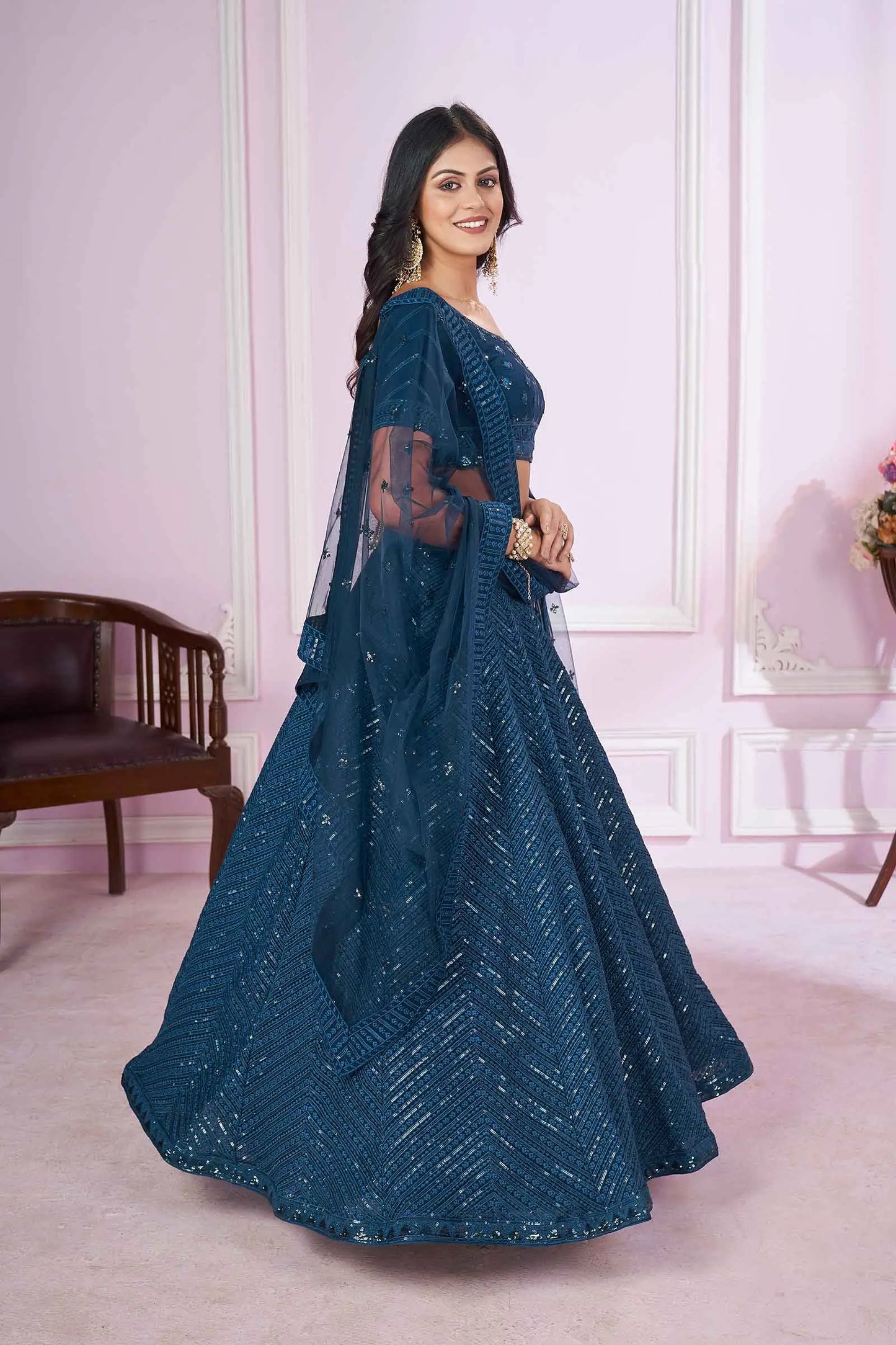 Blue georgette Lehenga With Sequins And Thread Embroidered Work