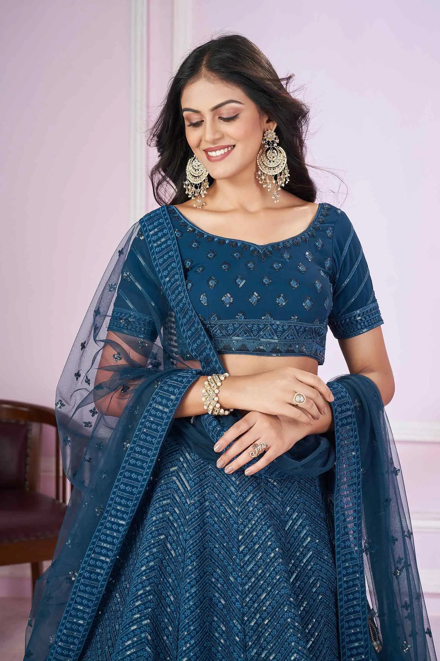 Blue georgette Lehenga With Sequins And Thread Embroidered Work