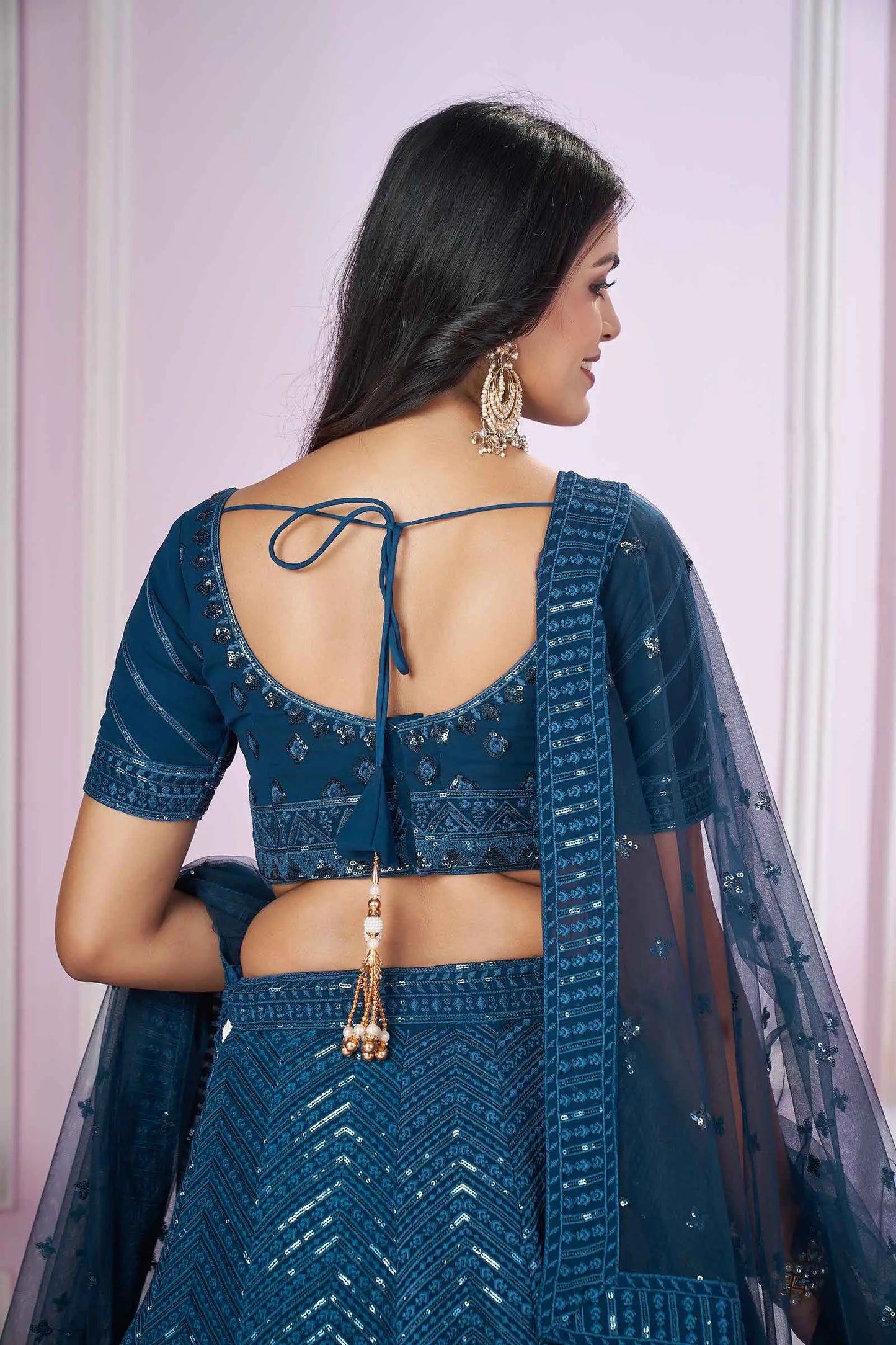 Blue georgette Lehenga With Sequins And Thread Embroidered Work