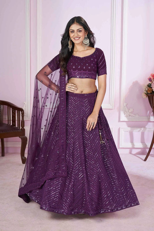 Purple Georgette Lehenga With Sequins And Thread Embroidered Work