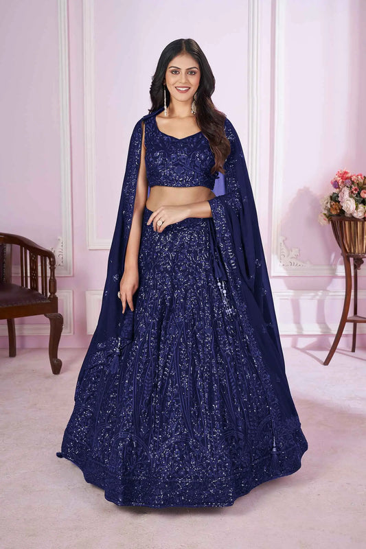 Navy Blue Georgette Lehenga With Sequins And Thread Embroidered Work