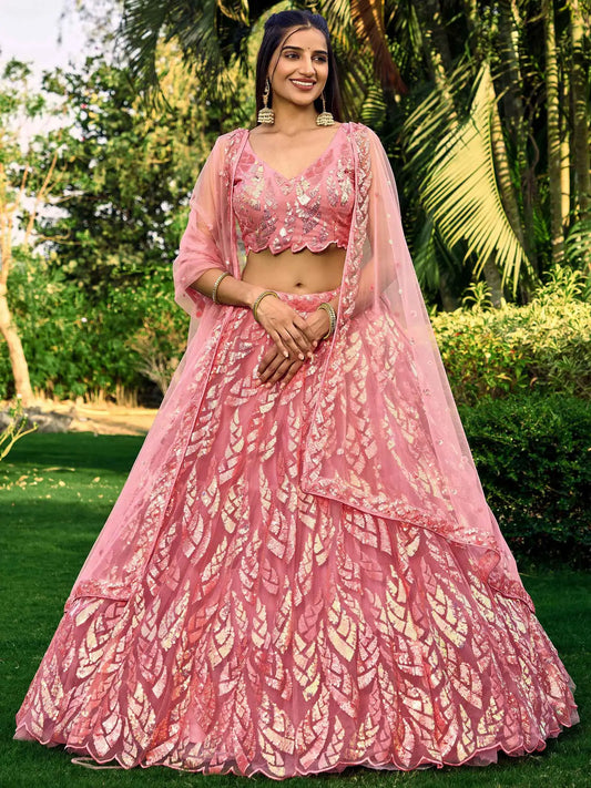 Pink Soft Net Lehenga With Multiple Sequins And Thread Embroidery Work