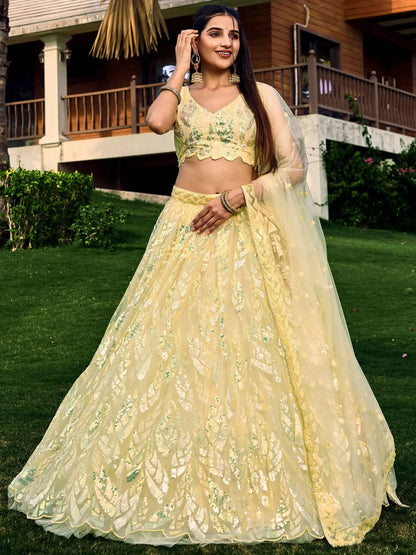 Yellow Soft Net Lehenga With Multiple Sequins And Thread Embroidery Work