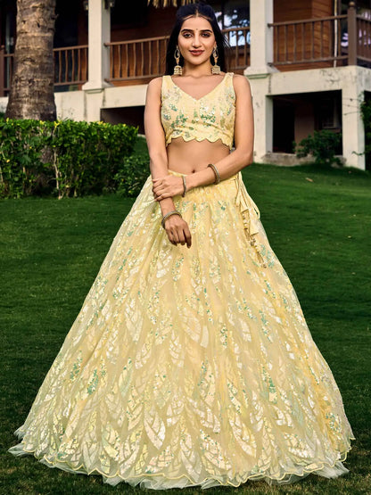 Yellow Soft Net Lehenga With Multiple Sequins And Thread Embroidery Work