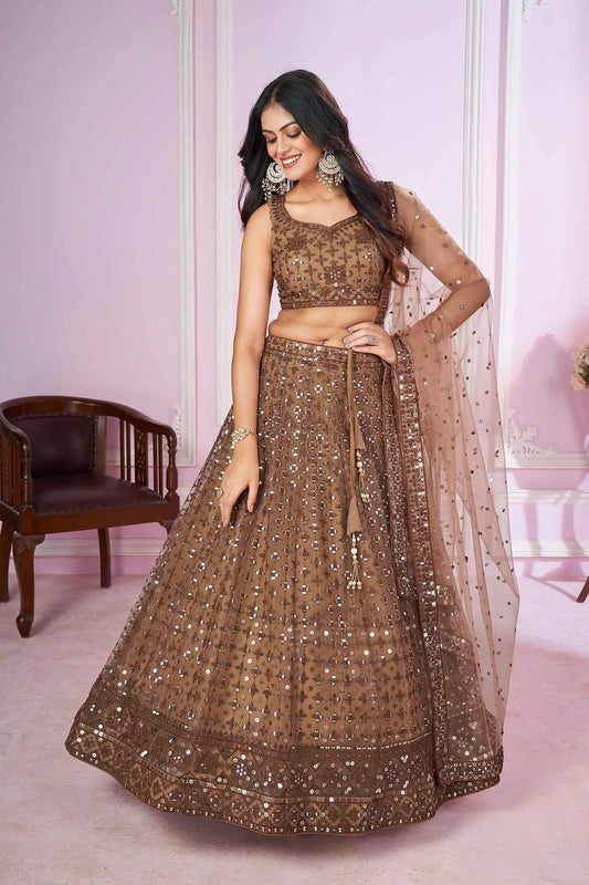 Brown Soft Net Lehenga With Sequins And Thread Embroidered Work