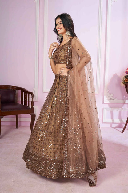 Brown Soft Net Lehenga With Sequins And Thread Embroidered Work