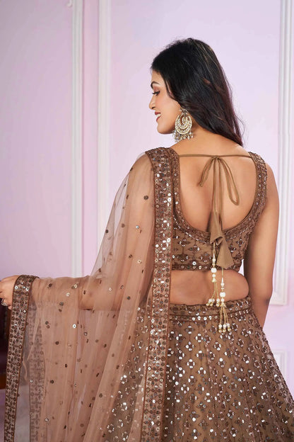 Brown Soft Net Lehenga With Sequins And Thread Embroidered Work