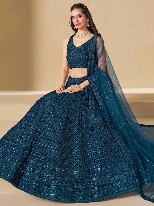 Teal Blue Georgette Lehenga With Sequins Embroidery Work And Dupatta