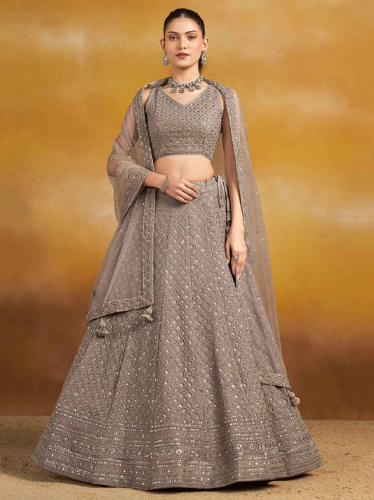 Designer Grey Party Wear Lehenga With Sequins Embroidery Work And Dupatta