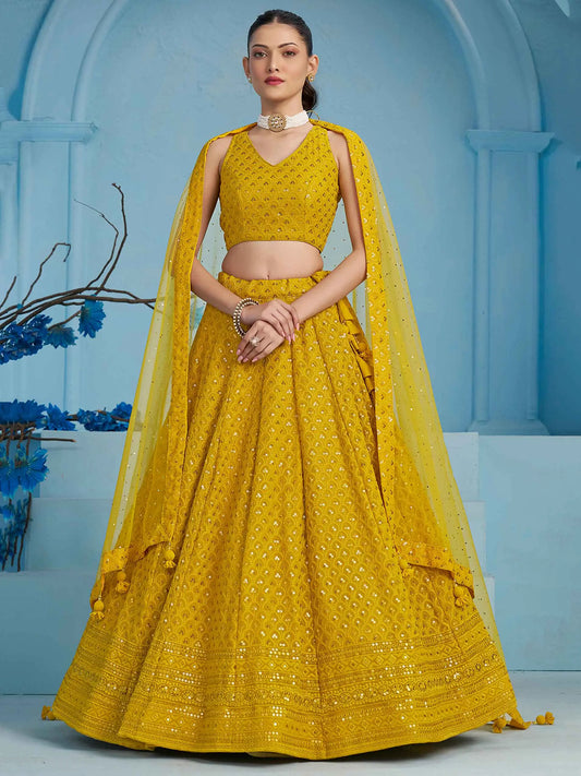 Yellow Beautiful Lehenga With Sequins Embroidery Work And Dupatta