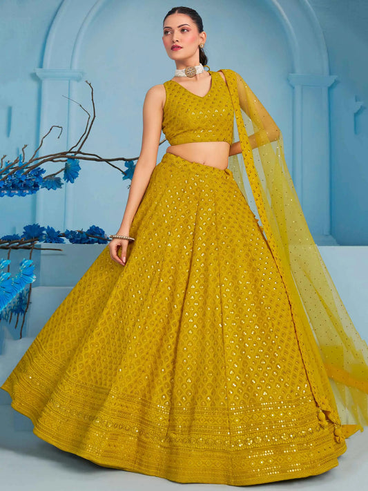 Yellow Beautiful Lehenga With Sequins Embroidery Work And Dupatta