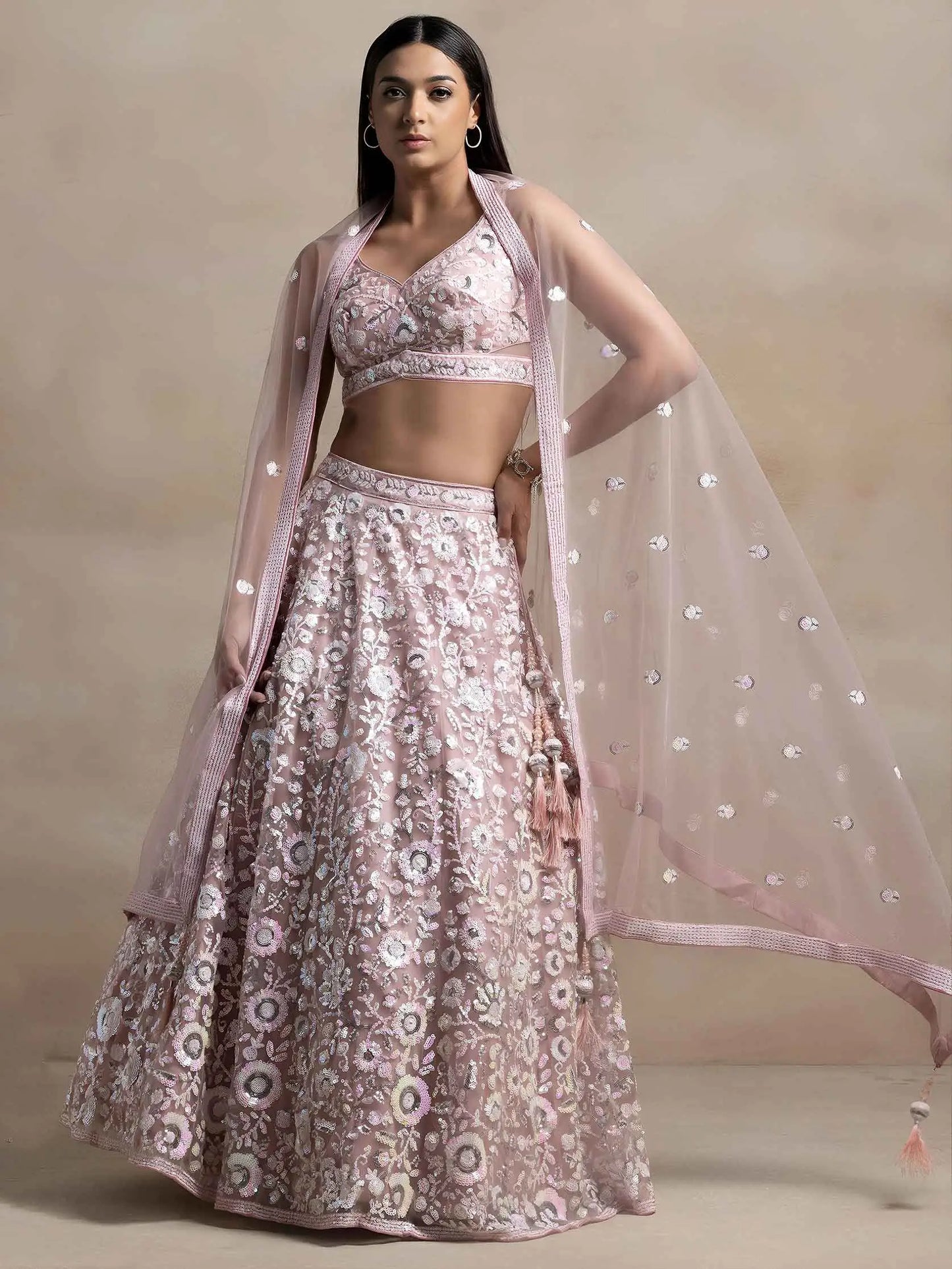 Pink Sequins Work Net Lehenga Choli