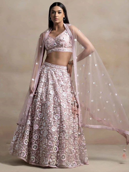 Pink Sequins Work Net Lehenga Choli